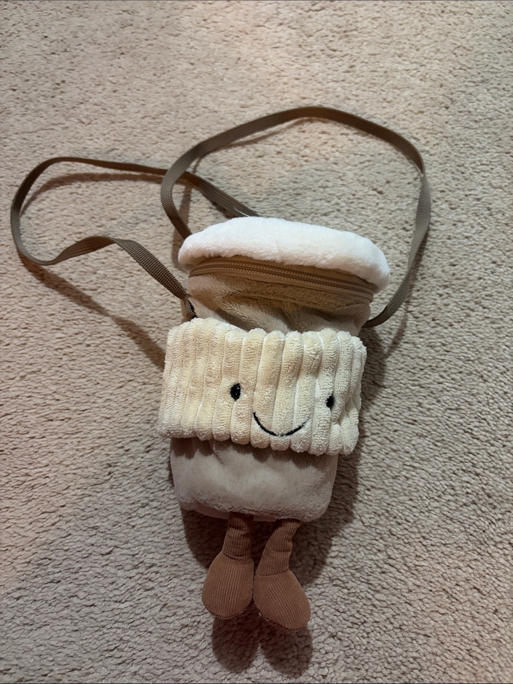 Jellycat Cream Plush Coffee Cup Crossbody Bag with Smiley Face